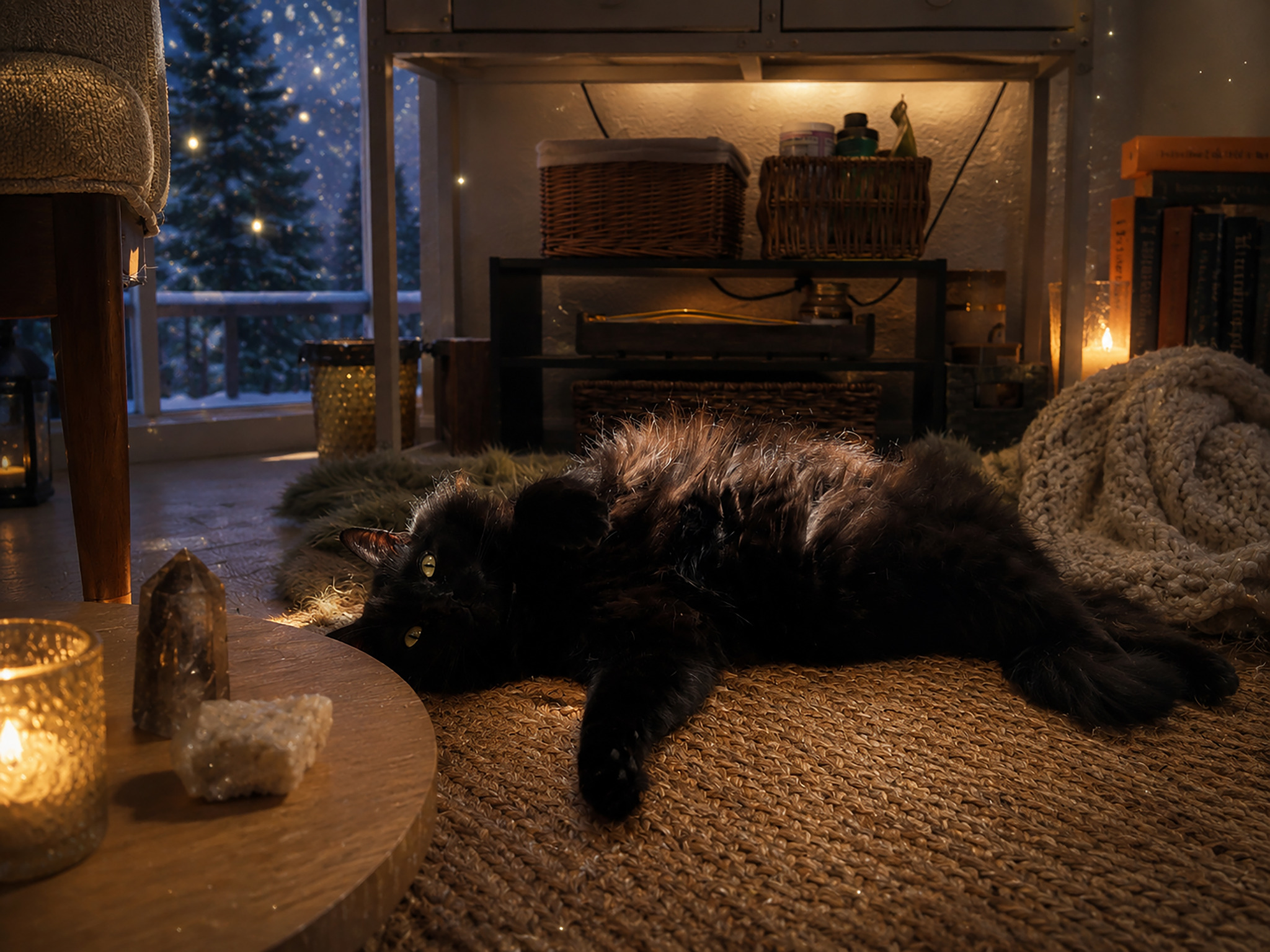 A black cat resting in a candlelit sanctuary